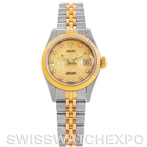 The image shows a front view of a Rolex Datejust 69173 Women's Stainless Steel Champagne Dial 69173 Women's Stainless Steel Champagne Dial watch with a two-tone metal bracelet and a gold dial.