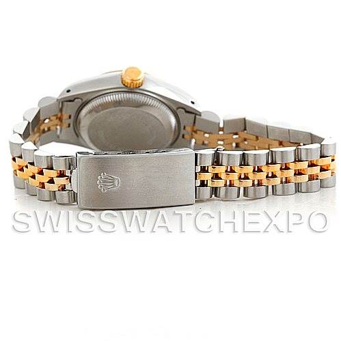 The image shows the back of the Rolex Datejust 69173 Women's Stainless Steel Champagne Dial 69173 Women's Stainless Steel Champagne Dial watch, highlighting the clasp and part of the bracelet.