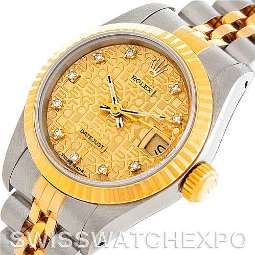 The image shows the front and partial side view of a Rolex Datejust 69173 Women's Stainless Steel Champagne Dial 69173 Women's Stainless Steel Champagne Dial watch, highlighting the dial, bezel, crown, and bracelet.