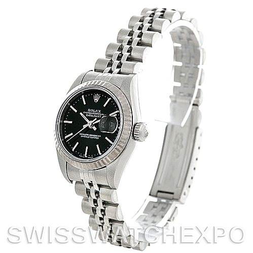 This image shows a Rolex Datejust 79174 Women's Stainless Steel Black Dial 79174 Women's Stainless Steel Black Dial watch, angled to display the face, crown, and bracelet.