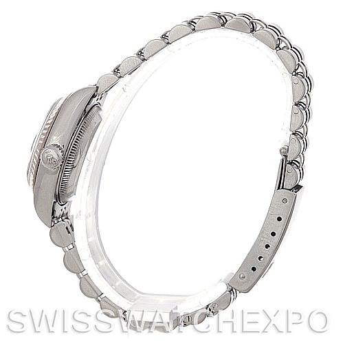 The image shows a side view of the Rolex Datejust 79174 Women's Stainless Steel Black Dial 79174 Women's Stainless Steel Black Dial watch, highlighting the crown, case, and bracelet.