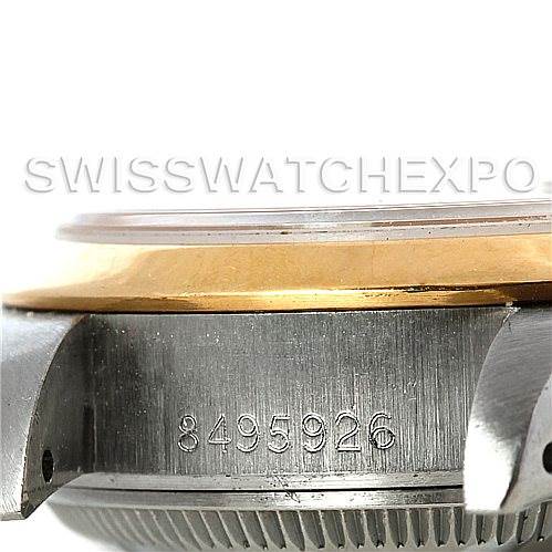 The image shows a close-up side view of a Rolex Datejust 69163 Women's Stainless Steel Champagne Dial 69163 Women's Stainless Steel Champagne Dial watch case, focusing on the serial number engraved on the side.
