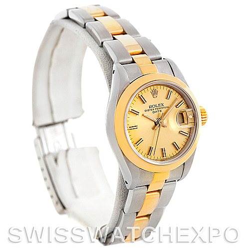 This image shows a Rolex Datejust 69163 Women's Stainless Steel Champagne Dial 69163 Women's Stainless Steel Champagne Dial with a two-tone bracelet and a gold dial, viewed from a right side angle.