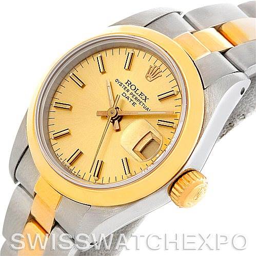 The Rolex Datejust 69163 Women's Stainless Steel Champagne Dial 69163 Women's Stainless Steel Champagne Dial watch is shown at an angled close-up, highlighting its dial, bracelet, and crown.