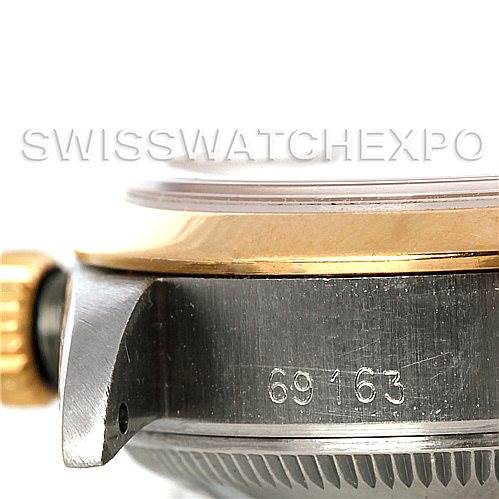 This image shows a close-up side view of the casing, crown, and model number (69163) of a Rolex Datejust 69163 Women's Stainless Steel Champagne Dial 69163 Women's Stainless Steel Champagne Dial watch.