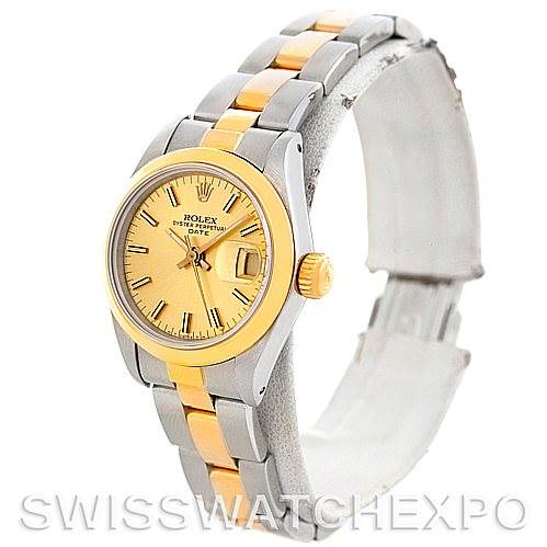 The image shows a Rolex Datejust 69163 Women's Stainless Steel Champagne Dial 69163 Women's Stainless Steel Champagne Dial watch from a 3/4 angle, highlighting the bezel, dial, crown, and two-tone bracelet.