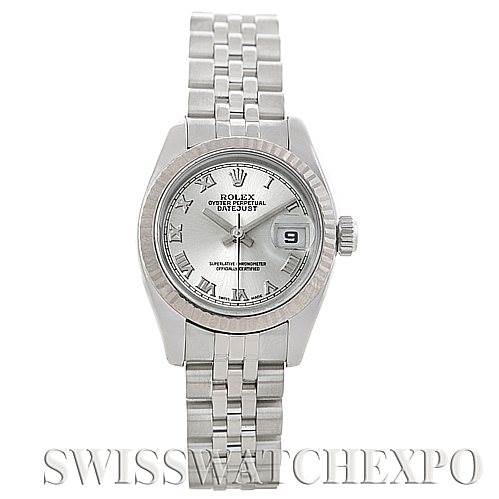 The Rolex Datejust 179174 Women's Stainless Steel Silver Dial 179174 Women's Stainless Steel Silver Dial watch is shown from a top-down angle, clearly displaying the face, dial, bezel, bracelet, and crown.
