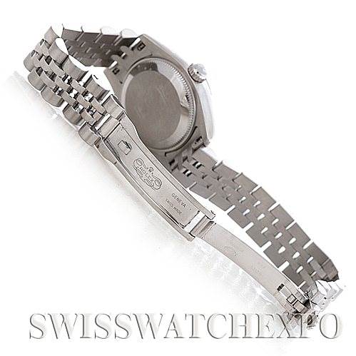 This image shows the backside of a Rolex Datejust 179174 Women's Stainless Steel Silver Dial 179174 Women's Stainless Steel Silver Dial watch, highlighting the open bracelet and clasp.