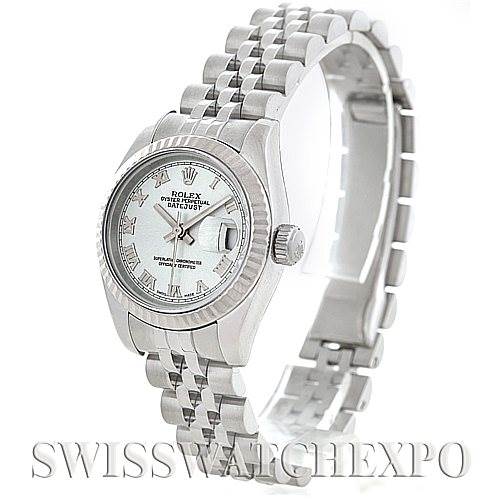 The image shows a Rolex Datejust 179174 Women's Stainless Steel Silver Dial 179174 Women's Stainless Steel Silver Dial watch from a three-quarter angle, highlighting the face, bezel, and bracelet.