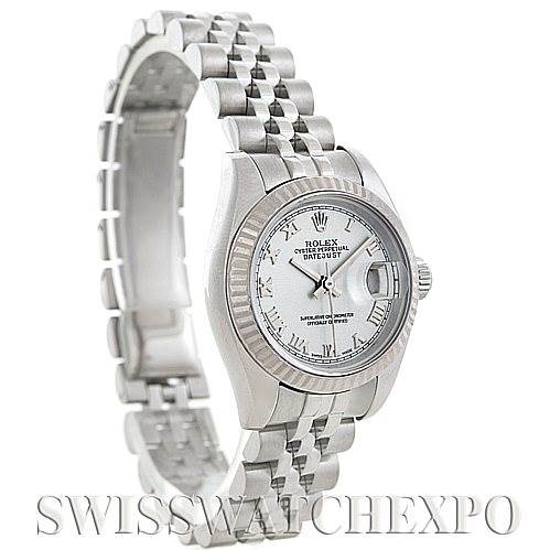 This image shows a side angle of the Rolex Datejust 179174 Women's Stainless Steel Silver Dial 179174 Women's Stainless Steel Silver Dial watch, highlighting its face, bezel, and bracelet.