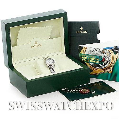The image shows a Rolex Datejust 179174 Women's Stainless Steel Silver Dial 179174 Women's Stainless Steel Silver Dial watch in a green Rolex box, alongside care manuals and a cleaning cloth.