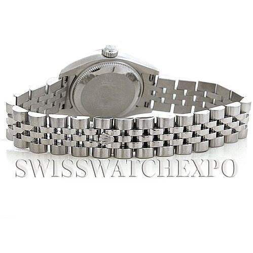 The image shows the back of a Rolex Datejust 179174 Women's Stainless Steel Silver Dial 179174 Women's Stainless Steel Silver Dial watch, focusing on the case back and Jubilee bracelet from a rear angle.