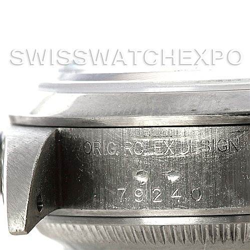 The image shows a close-up side view of the Rolex Datejust 79240 Women's Stainless Steel Blue Dial 79240 Women's Stainless Steel Blue Dial watch, highlighting its case and serial number.