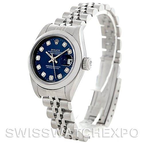 The image shows a side angle of a Rolex Datejust 79240 Women's Stainless Steel Blue Dial 79240 Women's Stainless Steel Blue Dial watch, highlighting its face, crown, and bracelet.