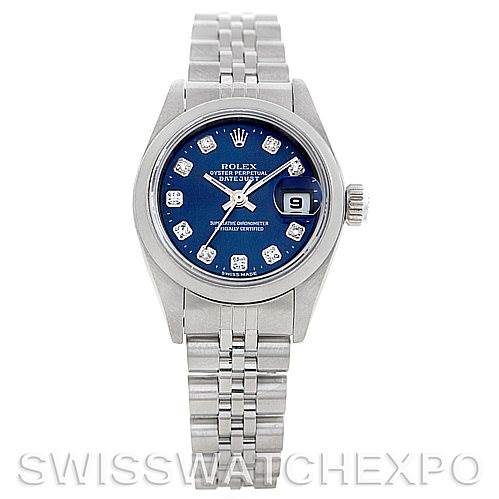 The image shows a Rolex Datejust 79240 Women's Stainless Steel Blue Dial 79240 Women's Stainless Steel Blue Dial watch from a front angle, featuring a blue dial, date window, and Jubilee bracelet.