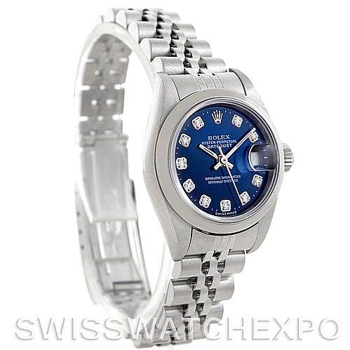 The image shows a side angle of the Rolex Datejust 79240 Women's Stainless Steel Blue Dial 79240 Women's Stainless Steel Blue Dial watch, highlighting the face, bezel, and part of the bracelet.