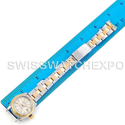 The image shows a Rolex Datejust 69173 Women's Stainless Steel Silver Dial 69173 Women's Stainless Steel Silver Dial watch laid flat next to a blue ruler, displaying the face, bezel, and bracelet.