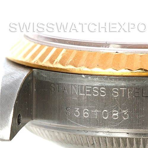 The image shows a close-up side view of the bezel and stainless steel case back of a Rolex Datejust 69173 Women's Stainless Steel Silver Dial 69173 Women's Stainless Steel Silver Dial watch.