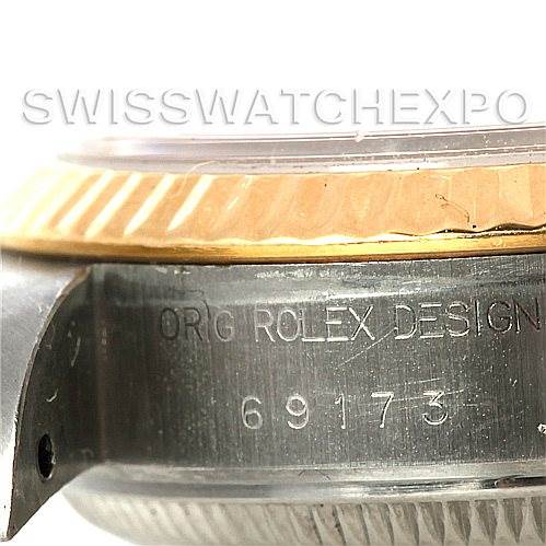 This image shows a close-up angle of the case side of the Rolex Datejust 69173 Women's Stainless Steel Silver Dial 69173 Women's Stainless Steel Silver Dial, highlighting its engraved design number.
