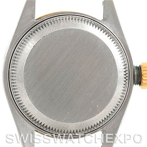 This image shows the case back and the crown of a Rolex Datejust 69173 Women's Stainless Steel Silver Dial 69173 Women's Stainless Steel Silver Dial watch from a top-down angle.