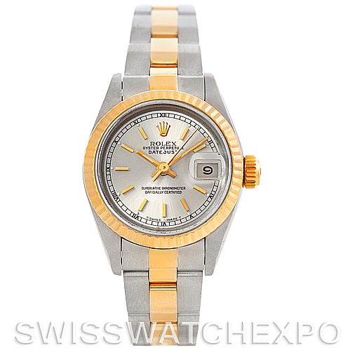 The Rolex Datejust 69173 Women's Stainless Steel Silver Dial 69173 Women's Stainless Steel Silver Dial watch is shown from the front angle, highlighting its dial, bezel, crown, and two-tone bracelet.