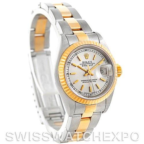 This image shows a Rolex Datejust 69173 Women's Stainless Steel Silver Dial 69173 Women's Stainless Steel Silver Dial watch with a silver and gold bracelet, fluted gold bezel, and silver dial, photographed at a three-quarter angle.