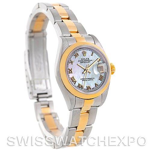 This image shows a Rolex Datejust 79163 Women's Steel and Gold (two tone) Mother of Pearl Dial 79163 Women's Steel and Gold (two tone) Mother of Pearl Dial watch at a slight angle, highlighting the mother-of-pearl dial, two-tone bracelet, and fluted bezel.