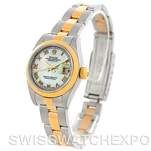 The Rolex Datejust 79163 Women's Steel and Gold (two tone) Mother of Pearl Dial 79163 Women's Steel and Gold (two tone) Mother of Pearl Dial watch is shown at an angled view, displaying its two-tone bracelet, dial, and crown.