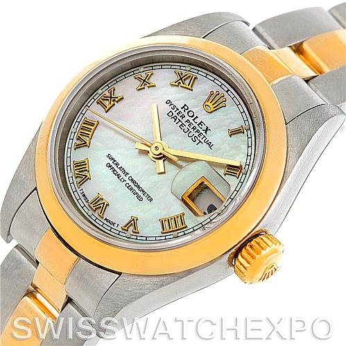 This image shows a close-up, angled view of the Rolex Datejust 79163 Women's Steel and Gold (two tone) Mother of Pearl Dial 79163 Women's Steel and Gold (two tone) Mother of Pearl Dial watch face, crown, and part of the bracelet.