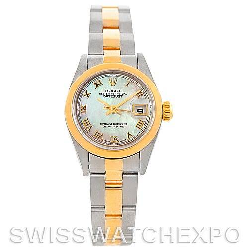 The image shows a front view of a Rolex Datejust 79163 Women's Steel and Gold (two tone) Mother of Pearl Dial 79163 Women's Steel and Gold (two tone) Mother of Pearl Dial watch, highlighting its dial, bezel, and two-tone bracelet.