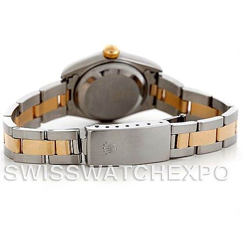 This image shows the back and clasp of a Rolex Datejust 79163 Women's Steel and Gold (two tone) Mother of Pearl Dial 79163 Women's Steel and Gold (two tone) Mother of Pearl Dial watch, highlighting the two-tone bracelet and clasp logo.