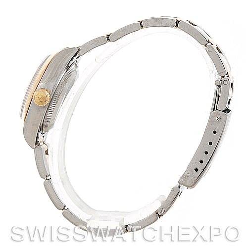 The image shows a side profile of the Rolex Datejust 79163 Women's Steel and Gold (two tone) Mother of Pearl Dial 79163 Women's Steel and Gold (two tone) Mother of Pearl Dial watch, focusing on the bracelet and crown.