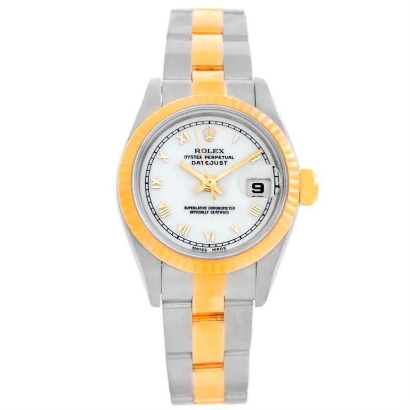 The Rolex Datejust 69173 Women's Stainless Steel White Dial 69173 Women's Stainless Steel White Dial watch is shown from a front angle, displaying its dial, bezel, hands, bracelet, and date window.