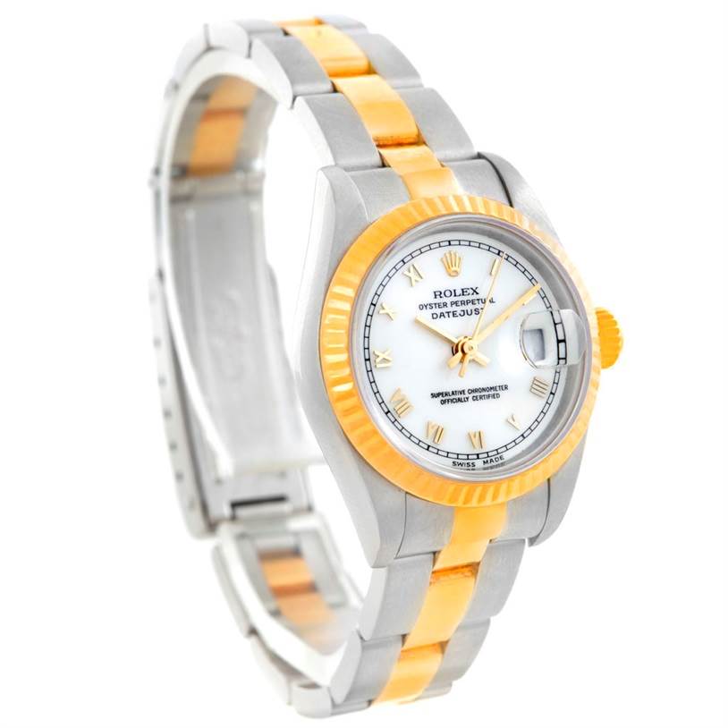 The image shows a Rolex Datejust 69173 Women's Stainless Steel White Dial 69173 Women's Stainless Steel White Dial watch at an angled view, highlighting its dial, fluted bezel, and two-tone bracelet.