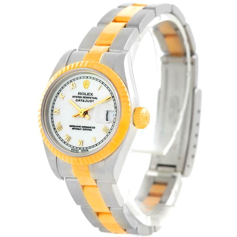 This image shows a Rolex Datejust 69173 Women's Stainless Steel White Dial 69173 Women's Stainless Steel White Dial watch at a slight angle, highlighting the face, bezel, and two-tone bracelet.