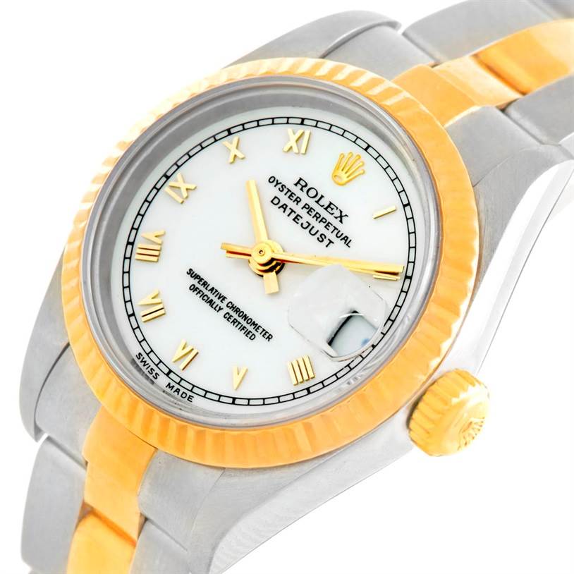 This image shows a close-up angled view of a Rolex Datejust 69173 Women's Stainless Steel White Dial 69173 Women's Stainless Steel White Dial watch featuring its dial, bezel, crown, and part of the bracelet.