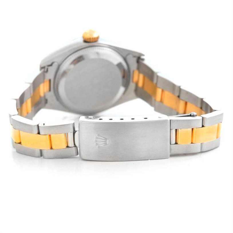 The image shows the back case and clasp of a Rolex Datejust 69173 Women's Stainless Steel White Dial 69173 Women's Stainless Steel White Dial watch, highlighting the two-tone bracelet.