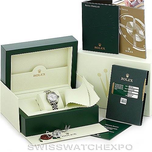 The image shows a Rolex Datejust 179174 Women's Stainless Steel Grey Dial 179174 Women's Stainless Steel Grey Dial watch in its green box, with accompanying manuals, tags, and a cleaning cloth.