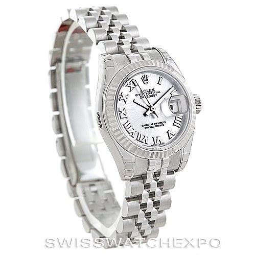 This image shows a Rolex Datejust 179174 Women's Stainless Steel Grey Dial 179174 Women's Stainless Steel Grey Dial watch angled slightly from the side, highlighting the face, bezel, and jubilee bracelet.
