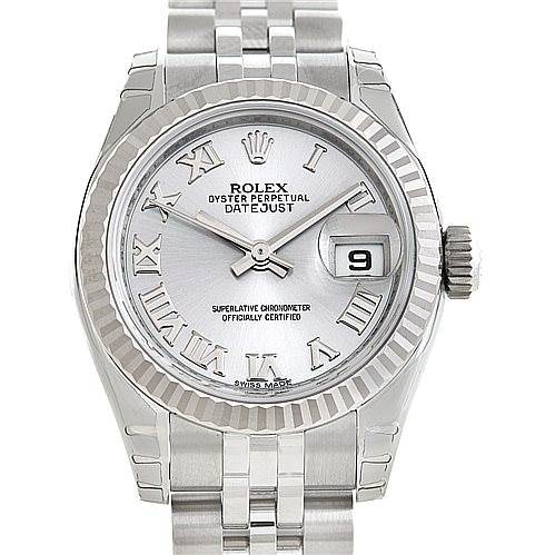 This image shows a frontal view of the Rolex Datejust 179174 Women's Stainless Steel Grey Dial 179174 Women's Stainless Steel Grey Dial watch, highlighting the face, bezel, crown, and bracelet.