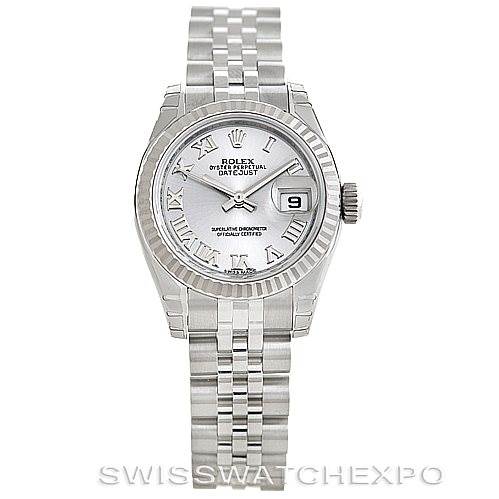This image shows a front view of the Rolex Datejust 179174 Women's Stainless Steel Grey Dial 179174 Women's Stainless Steel Grey Dial watch featuring the dial, bezel, crown, bracelet, and date display.