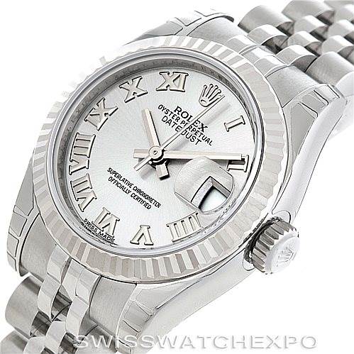 The image shows a close-up angle of the face and bracelet of a Rolex Datejust 179174 Women's Stainless Steel Grey Dial 179174 Women's Stainless Steel Grey Dial watch, highlighting its fluted bezel and Roman numeral markers.
