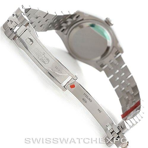 This image shows the open clasp and back case of the Rolex Datejust 179174 Women's Stainless Steel Grey Dial 179174 Women's Stainless Steel Grey Dial watch, highlighting the bracelet and inner clasp details.