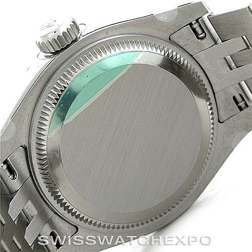 The image shows the case back and parts of the bracelet of a Rolex Datejust 179174 Women's Stainless Steel Grey Dial 179174 Women's Stainless Steel Grey Dial watch from a rear angle.