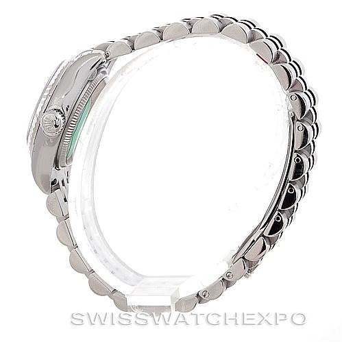 A side view of the Rolex Datejust 179174 Women's Stainless Steel Grey Dial 179174 Women's Stainless Steel Grey Dial watch showing the bracelet and case, including the screw-down crown.