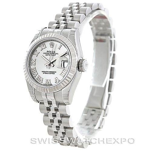 This image shows a Rolex Datejust 179174 Women's Stainless Steel Grey Dial 179174 Women's Stainless Steel Grey Dial watch featuring its face, bezel, crown, and bracelet from a slight angle.