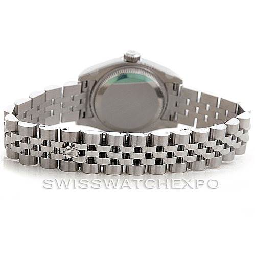 This image shows the back view of a Rolex Datejust 179174 Women's Stainless Steel Grey Dial 179174 Women's Stainless Steel Grey Dial watch, focusing on the case back and the bracelet.
