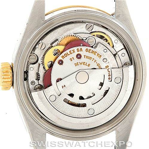 This image shows the back view of a Rolex Datejust 79173 Women's Stainless Steel Mother of Pearl Dial 79173 Women's Stainless Steel Mother of Pearl Dial watch, focusing on its exposed mechanical movement and internal components.