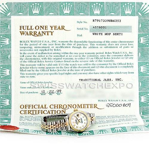The image shows a Rolex Datejust 79173 Women's Stainless Steel Mother of Pearl Dial 79173 Women's Stainless Steel Mother of Pearl Dial watch accessory, including the warranty certificate and the watch placed at the bottom center.