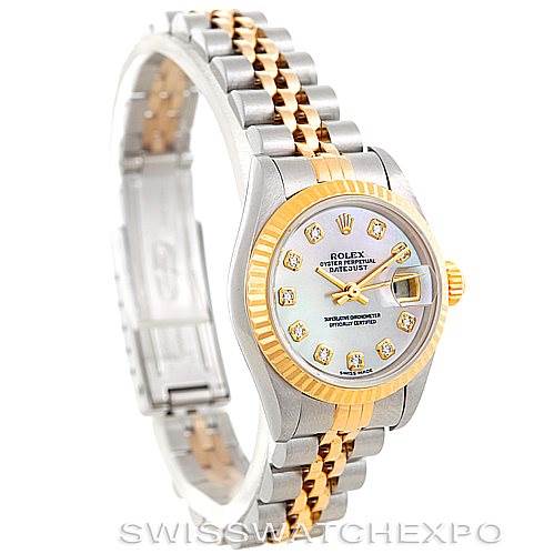 This image shows a side angle of the Rolex Datejust 79173 Women's Stainless Steel Mother of Pearl Dial 79173 Women's Stainless Steel Mother of Pearl Dial watch, highlighting its two-tone bracelet, diamond markers, and fluted bezel.